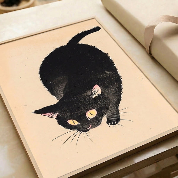 Nostalgic black cat artwork rendered in vintage line art technique with playful mood, featuring a cream-colored background and warm color details.
