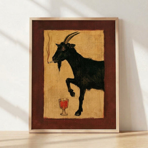 Vintage Art Deco style framed poster of a sophisticated goat smoking a cigarette and holding a cocktail glass, rendered in cream, black, and deep burgundy tones with a whimsical yet darkly elegant mood.