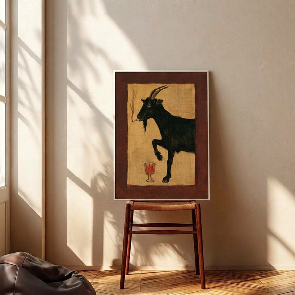 Framed wall art depicting a whimsigoth goat character smoking and sipping from a cocktail glass, illustrated in vintage Art Deco style with cream, black, and rich burgundy palette for an intriguingly sophisticated look.