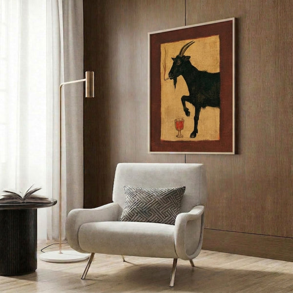 Dark academia inspired art print of a femme fatale goat in Art Deco design, cigarette and cocktail in hand, rendered in vintage cream and deep burgundy against black with quirky, gothic charm.
