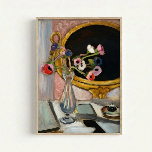 Abstract floral art print showing stylized anemones in striking blue tones arranged in a white vase against a contrasting dark background.
