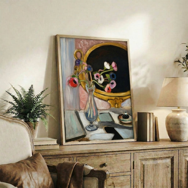 Blue and white floral composition featuring mirror-like anemone blooms in a vase, combining naturalistic flowers with abstract geometric elements in poster form.