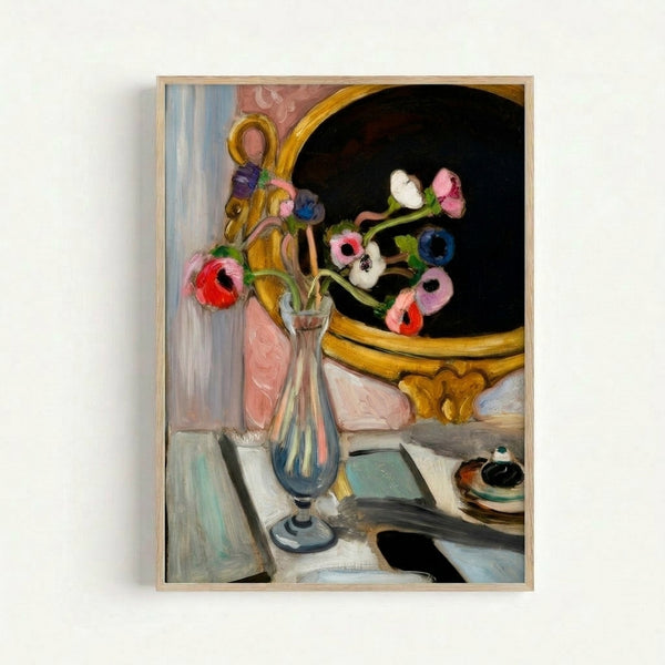Art Nouveau inspired floral wall print showing anemones in full bloom arranged in a striking blue vessel, combining white petals, deep tones, and botanical expressiveness in an energetic composition.