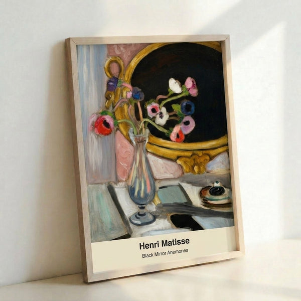 Colorful framed art depicting a dynamic arrangement of anemone flowers with coral pink blooms and white petals against a deep blue vase, painted with vibrant Impressionist brushwork and decorative black linework.
