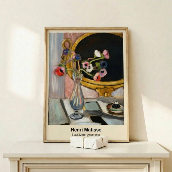Botanical wall poster showcasing Black Mirror Anemones in an elegant blue vase with expressive white and coral petals, green stems, and dramatic black details characteristic of Art Nouveau florals.