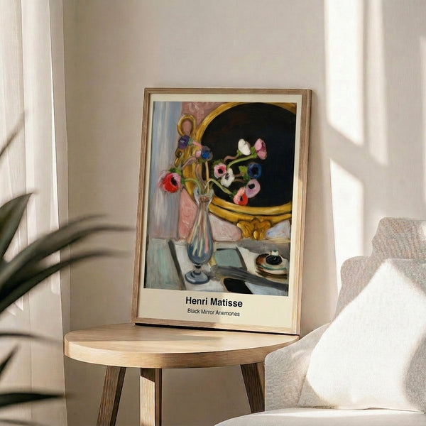 Modern home decor poster featuring Black Mirror Anemones: a striking vase arrangement with white and coral blooms, lush greens, and bold black strokes on a rich blue background in expressive Impressionist style.