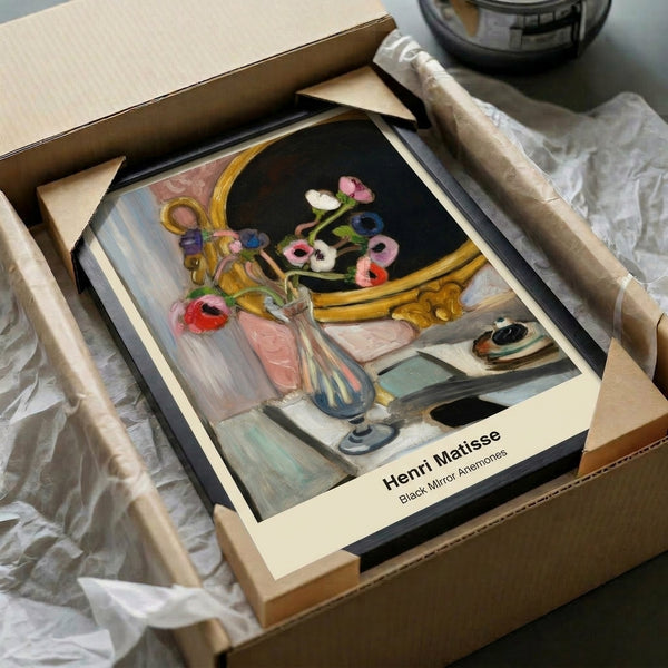 Wall art print of blooming anemones in a deep blue vase rendered with vibrant Impressionist color and Art Nouveau elegance, combining coral flowers, white petals, and dramatic black botanical details.