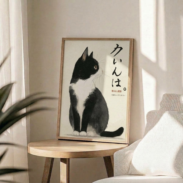Serene Japanese woodblock-inspired portrait of a black and white tuxedo kitten, minimalist composition in ink tones matted and framed as wall art.