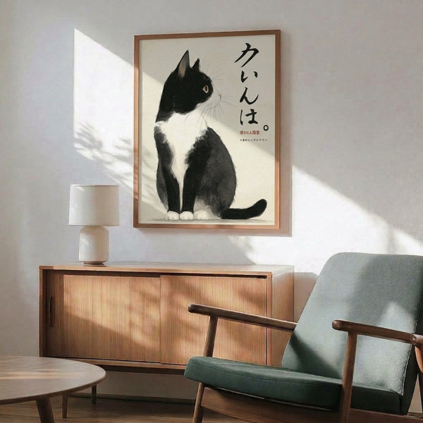 Elegant tuxedo cat ink drawing in Japanese aesthetic style, minimalist framed poster with subtle gold details on cream and black palette.