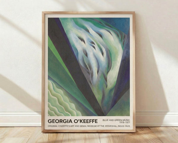 Abstract art print in soft cream, blue, and green tones featuring flowing organic petals and forms that evoke both botanical and musical sensibility in a contemplative modern style.