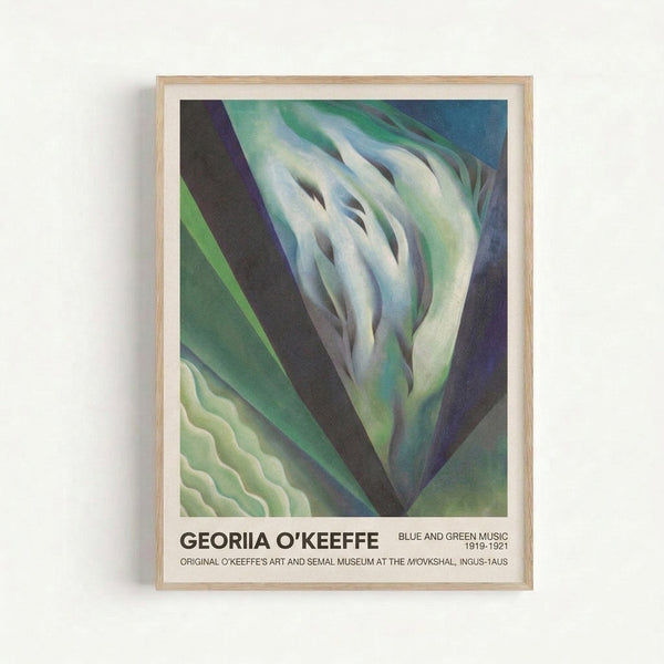 Framed poster of abstract floral composition with sweeping blue and green curves against cream background, creating a sensual and dynamic visual rhythm.