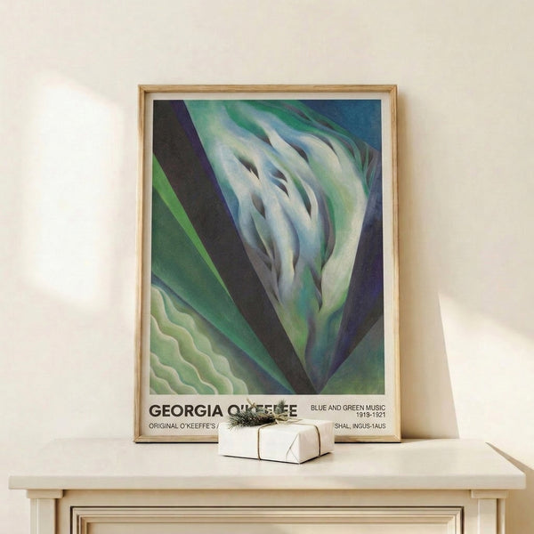 Contemporary art print with organic petal-like forms in soft blues and greens set against cream, evoking contemplative movement and natural grace.