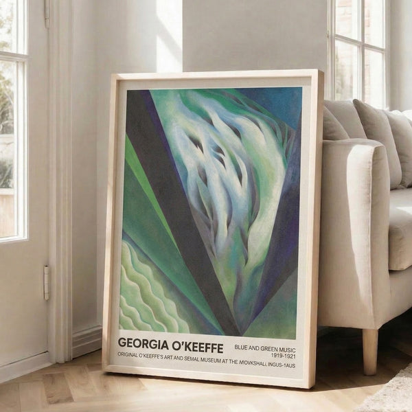 Abstract botanical-inspired poster featuring dynamic blue and green tones with flowing curves and layered forms in a modern sensual composition.