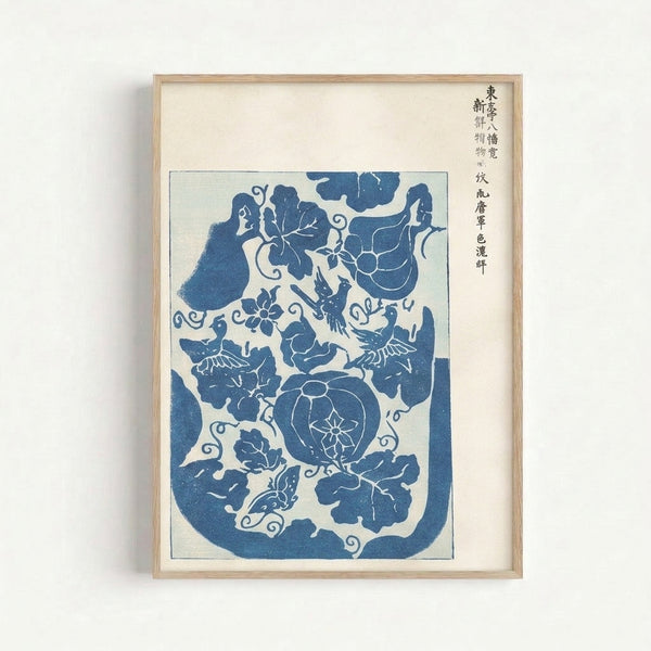 Japandi wall art with delicate birds and botanical motifs in pale grey and off-white, inspired by Edo period kimono textiles in a minimalist aesthetic.