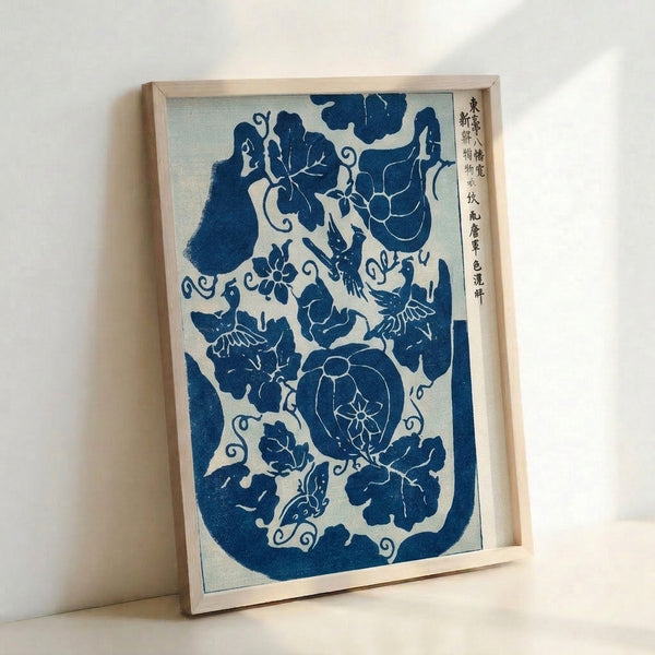 Framed poster art print showcasing contemplative Japanese composition with water, leaves, and decorative elements in prussian blue on cream background.