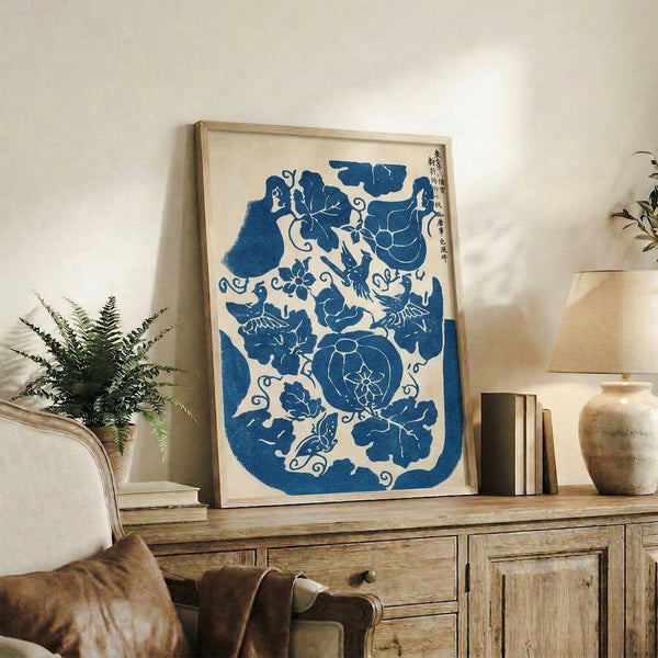 Zen decor wall art blending Edo period kimono patterns with minimalist style, featuring birds and botanical details in prussian blue palette.