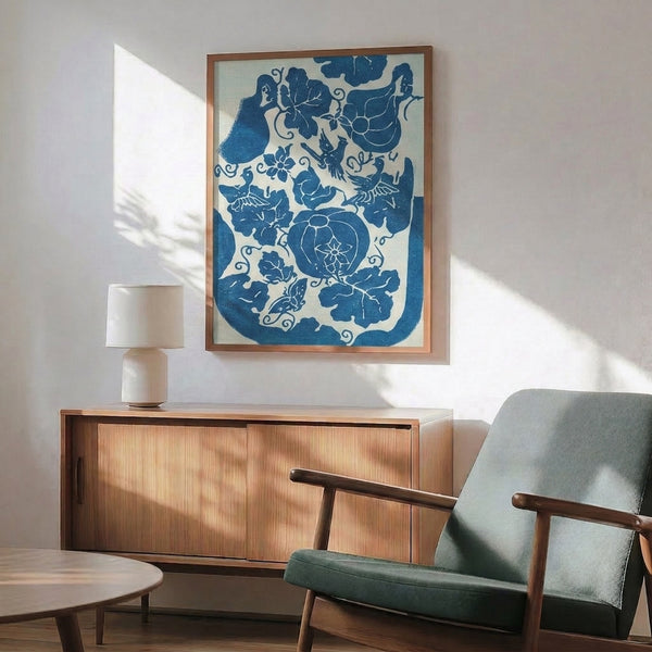 Japanese woodblock-style framed poster with serene composition of flora, fauna, and decorative scroll elements in cool blue and neutral tones.