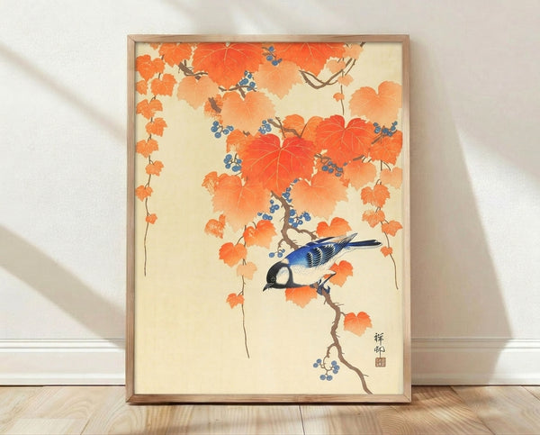 Serene Japanese woodblock print of a bird perched on an autumn branch with golden leaves and berries, rendered in cream, orange, and blue tones.