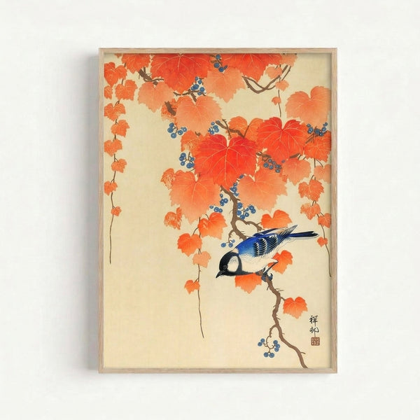 Contemplative woodland scene featuring a bird nestled among fall foliage and vines in muted cream, brown, and gold hues in the style of traditional Japanese woodblock art.