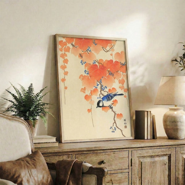 Calming Japanese woodblock illustration of a bird among intricate autumn branches and scattered berries in soft cream, orange, and blue tones.