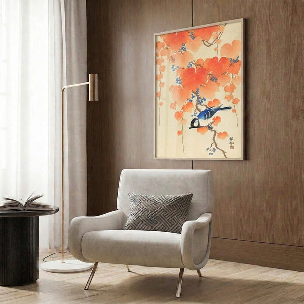 Serene vintage-inspired woodblock print featuring a contemplative bird on a flowering autumn branch with berries, rendered in warm golds and cool blues.