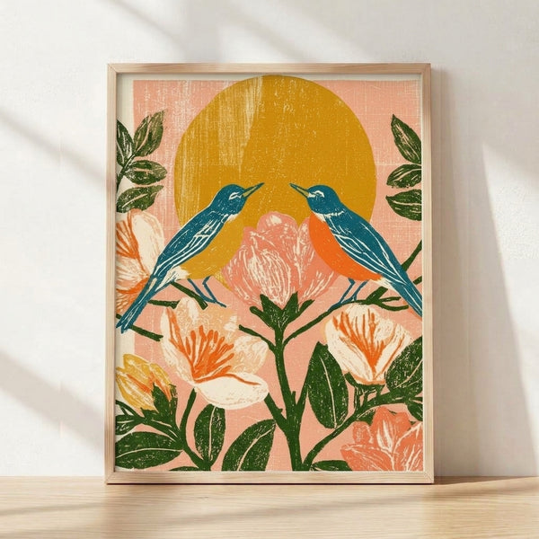 Framed boho-style linocut print featuring two birds perched among blooming flowers and leaves beneath a golden sun, rendered in warm pinks, coral, teal, and forest green.