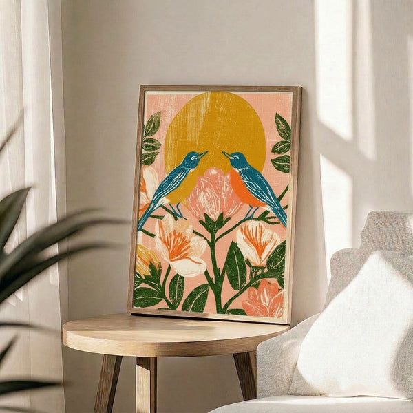 Retro botanical wall art with two birds and vibrant flowers surrounding a radiant golden sun, combining warm and cool tones in a whimsical, optimistic composition.