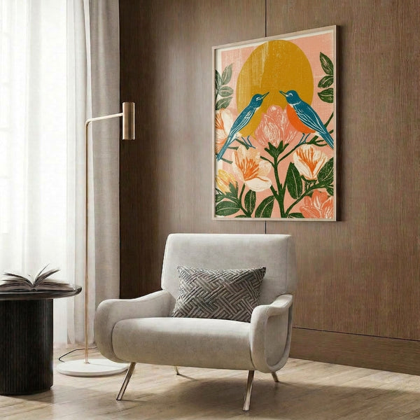 Warm and cheerful nature-inspired poster showing two birds with flowering plants and a glowing sun, executed in a retro linocut aesthetic with coral, pink, and teal accents.