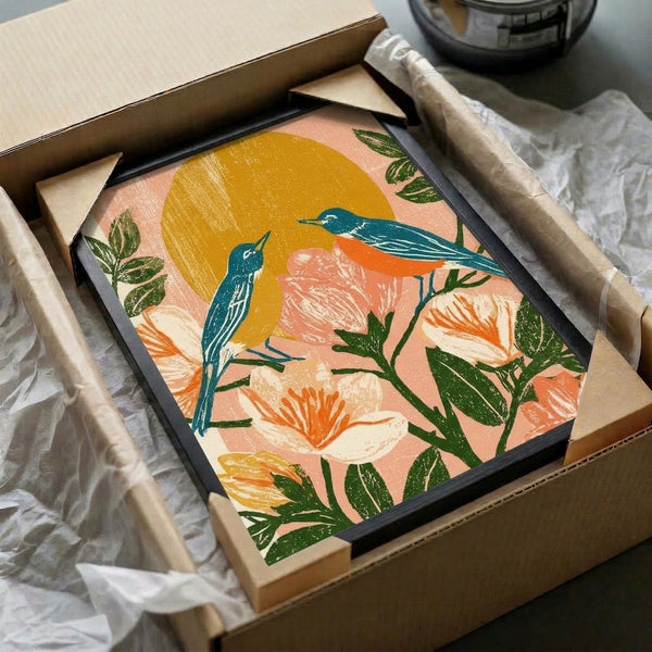 Optimistic boho flower and bird art print with a golden sun overhead, featuring earthy forest greens and warm coral tones in a vintage linocut style.