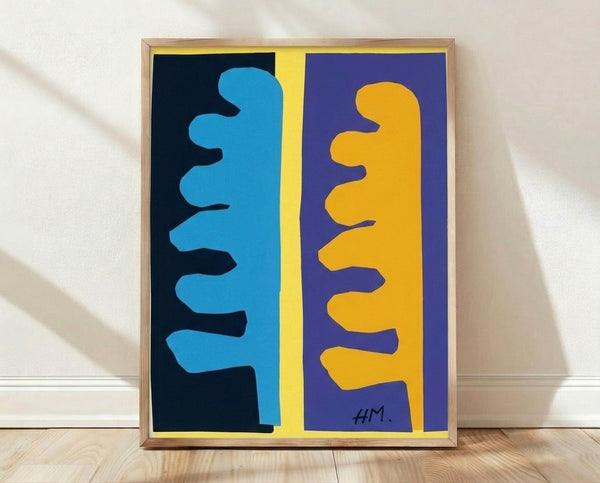 Matisse Blue abstract art print featuring serene composition in soft indigo and cerulean tones, framed on wall.