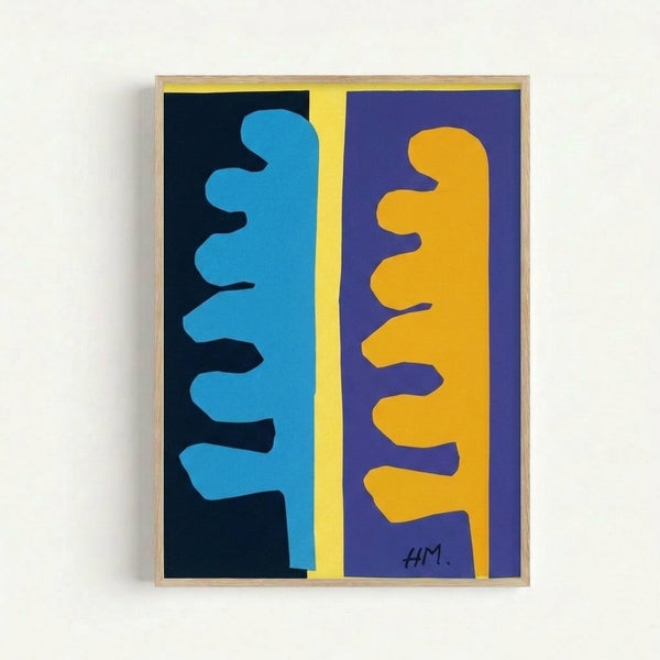 Minimalist blue poster with organic shapes and calming palette inspired by Matisse's modernist aesthetic.