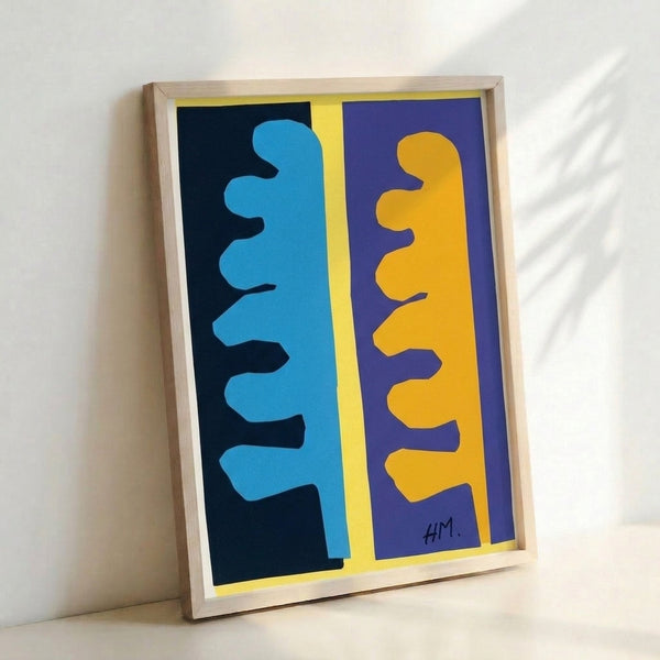 Abstract blue art print displaying fluid forms and peaceful mood through gradient shades of azure and cobalt.