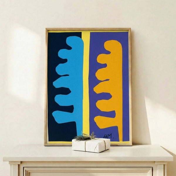 Zen-inspired framed artwork in blue tones reflecting Matisse's abstract expressionist style and meditative quality.