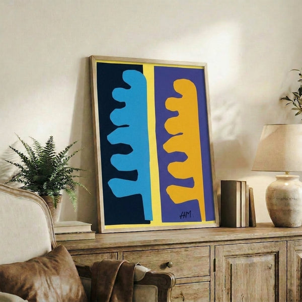 Matisse-style abstract blue print on wall featuring contemplative mood and sophisticated indigo color palette.
