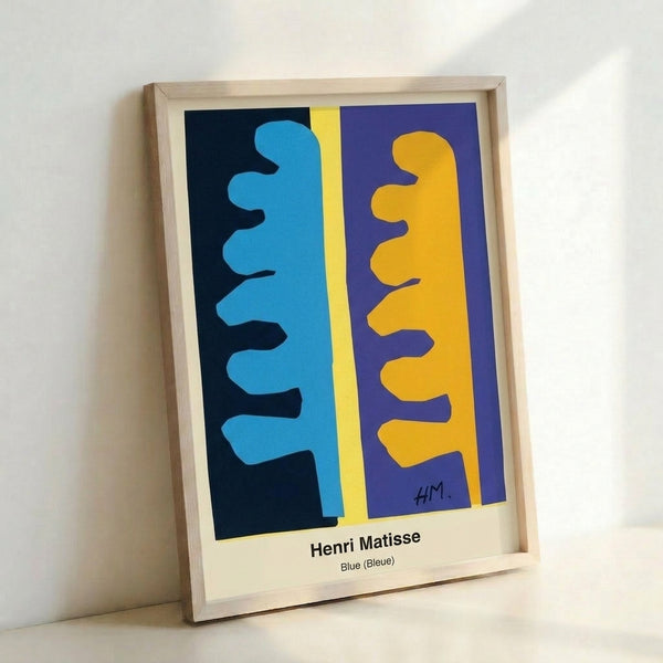 Contemporary framed poster displaying joyful geometric blue and cream shapes in the style of paper cut-outs.