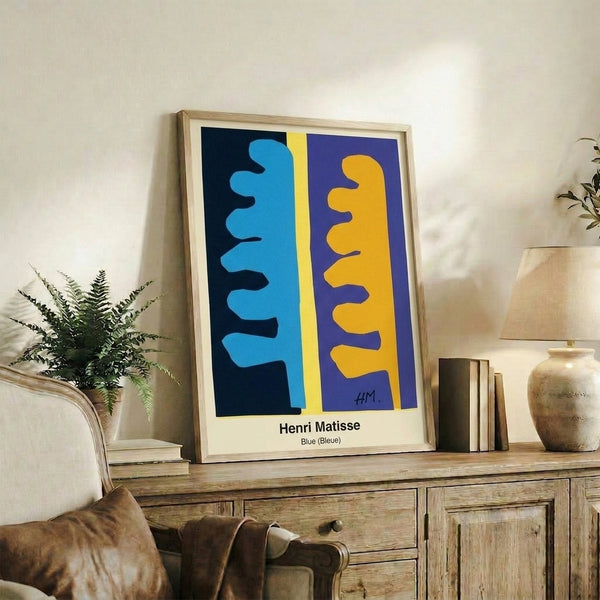 Zen-inspired framed print with flowing blue abstract shapes and white space creating a calm, meditative aesthetic.