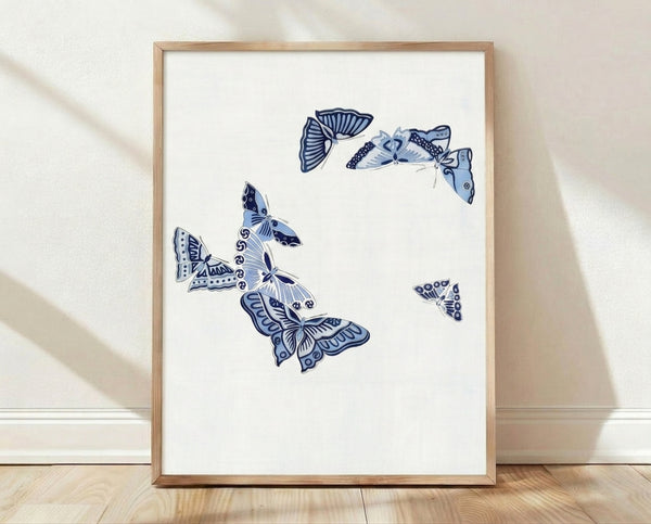 Minimalist line art poster featuring an indigo butterfly in elegant navy and light blue strokes on cream background, evoking calm contemplative mood in japandi style.