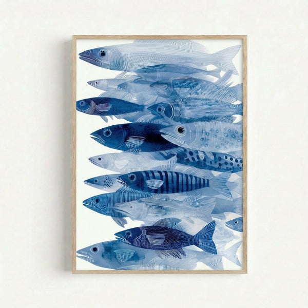 Modern watercolor art print depicting swimming fish in various shades of blue with minimalist line work, evoking calm ocean imagery.