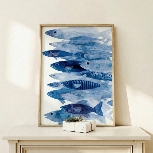 Serene watercolor fish composition in navy, light blue, and cream, combining fluid painterly effects with refined linear illustration.