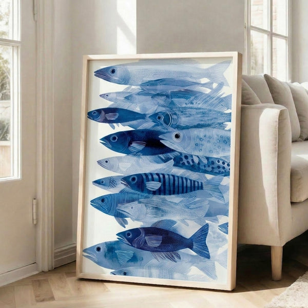 Wall art print featuring a tranquil marine scene of fish swimming together, created in a modern watercolor style with soothing blue palette.