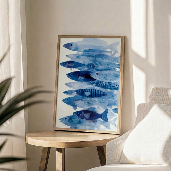 Framed ocean-inspired poster displaying a peaceful school of fish in watercolor technique, blending soft blues and whites with minimalist line drawing.