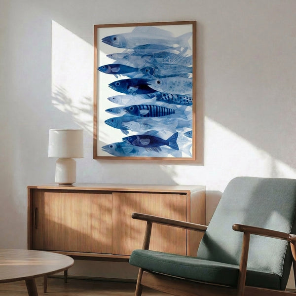 Contemporary watercolor poster art of marine life showing graceful fish in navy and light blue hues with delicate line-work detailing.