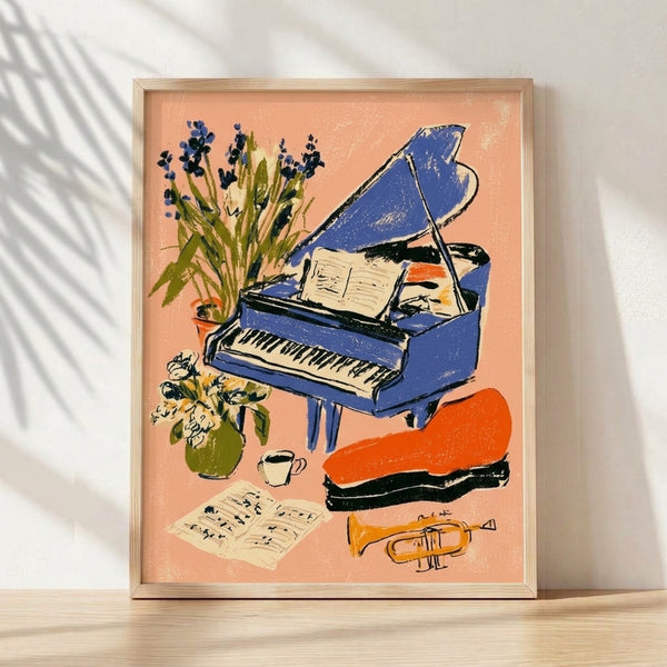 Vintage-style framed poster featuring a royal blue grand piano surrounded by lavender flowers, sheet music, a golden trumpet, coffee cup, and vase in warm peachy-tan and burnt orange tones.