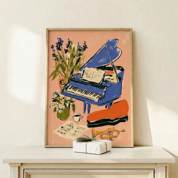 Retro art print on wall showing a sophisticated music room scene with a blue piano, artistic florals, and musical instruments in muted golden yellow, olive green, and peachy hues.