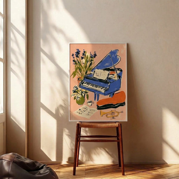 Framed vintage poster depicting a creative music-themed composition with a grand piano in royal blue, lavender blooms, sheet music, and decorative objects in warm retro colors.