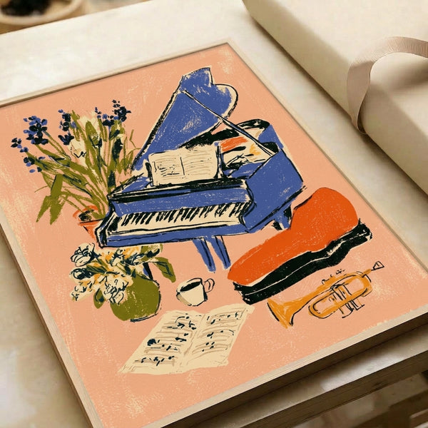 Whimsical retro wall art featuring a sophisticated music room with blue piano, flowers, trumpet, coffee cup, and sheet music in warm peachy-tan and golden tones.