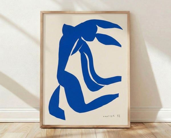 Abstract portrait of a figure with striking blue hair, rendered in Matisse's characteristic flowing style with bold, expressive linework and soft color harmonies.