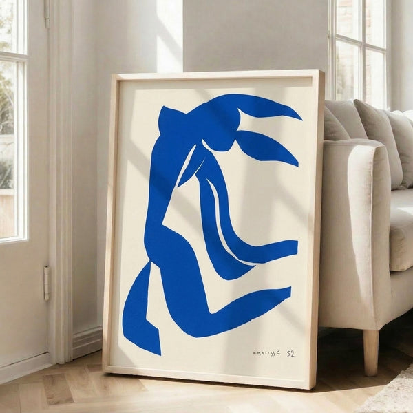 Matisse-inspired print of an abstracted human face with prominent blue hair, rendered through loose, graceful brushstrokes and muted complementary colors.