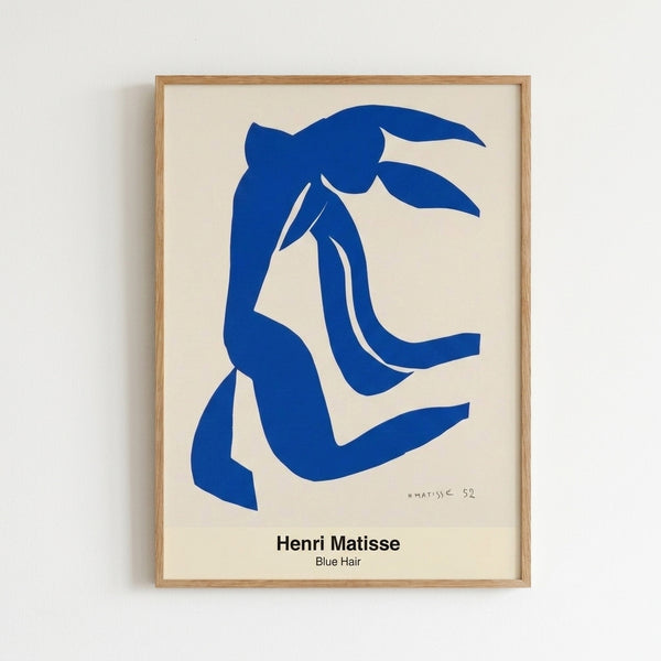 Modernist head study featuring expressive blue hair and contemplative facial features in muted flesh tones and ochre, displayed as a framed art print.