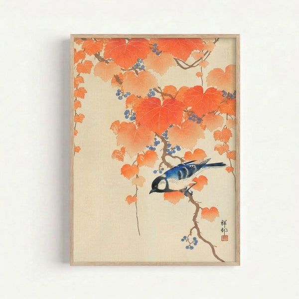 Wall art print depicting a contemplative blue jay surrounded by seasonal foliage and berries in warm burnt orange and sage tones, inspired by traditional Japanese woodblock techniques.